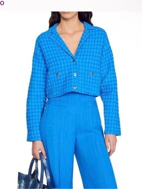 Sandro Cropped Bright Blue Tweed Blazer